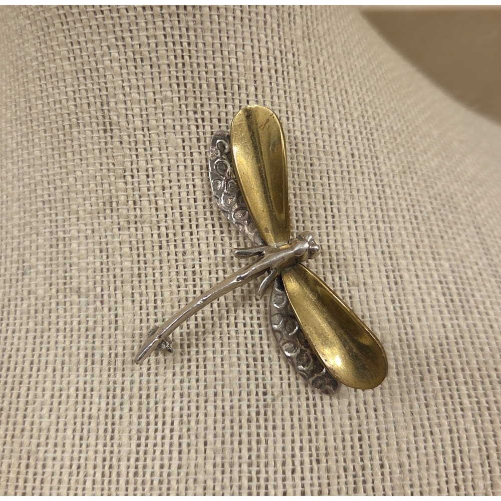 Vintage Taxco Mexican 925 Silver Dragonfly Pin 2 Tone Brooch